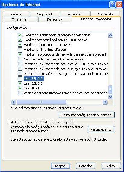 Imagen de como desactivar SSL 2.0 en Internet Explorer